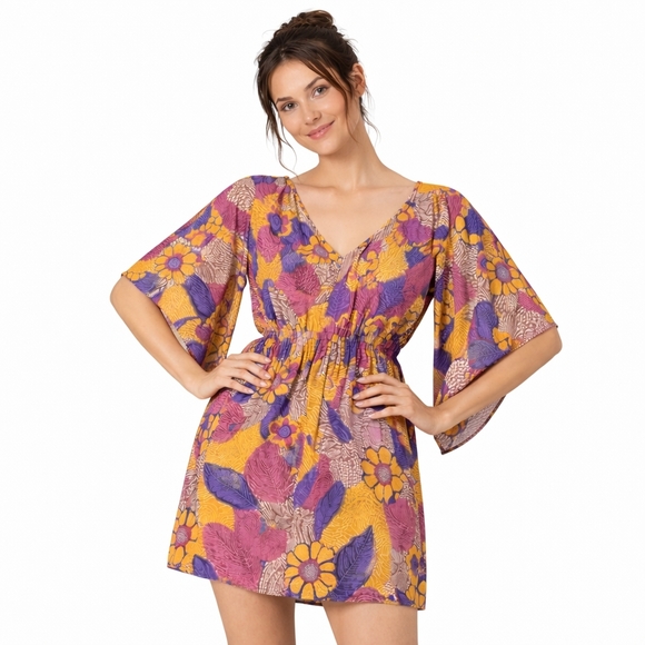 Lani California Dresses & Skirts - Lani California Size S & M Mustard Purple Viscose Batwing Mini Dress Open Back